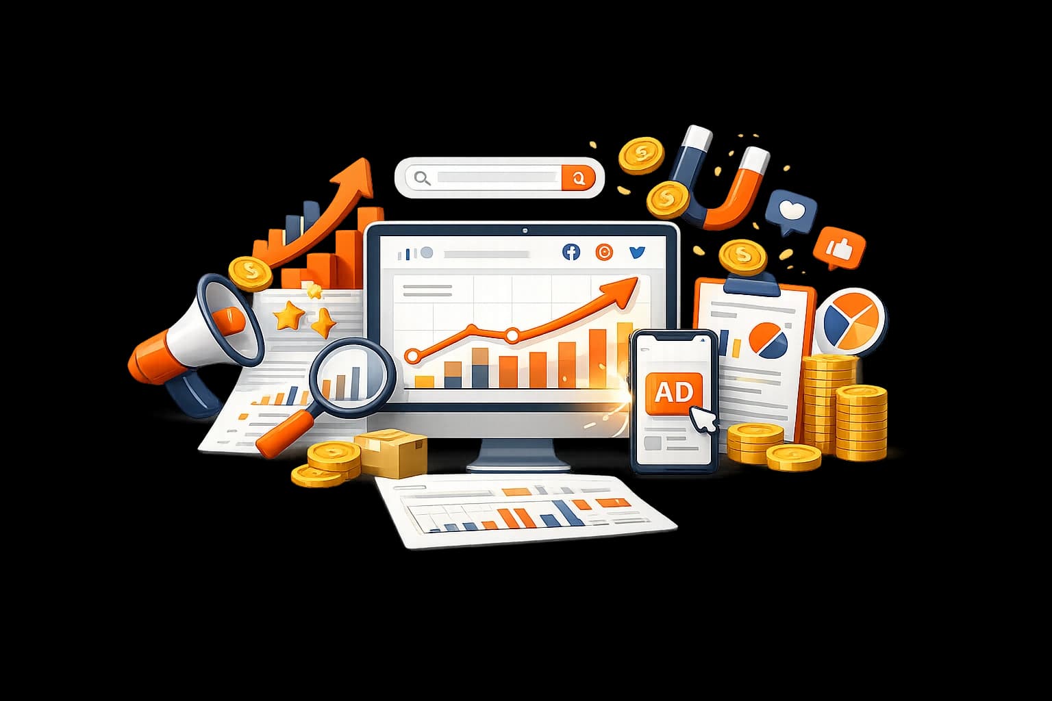ECOMMERCE PPC AGENCY · PERFORMANCE MEDIA SPECIALISTS — Peak Pilots service hero illustration