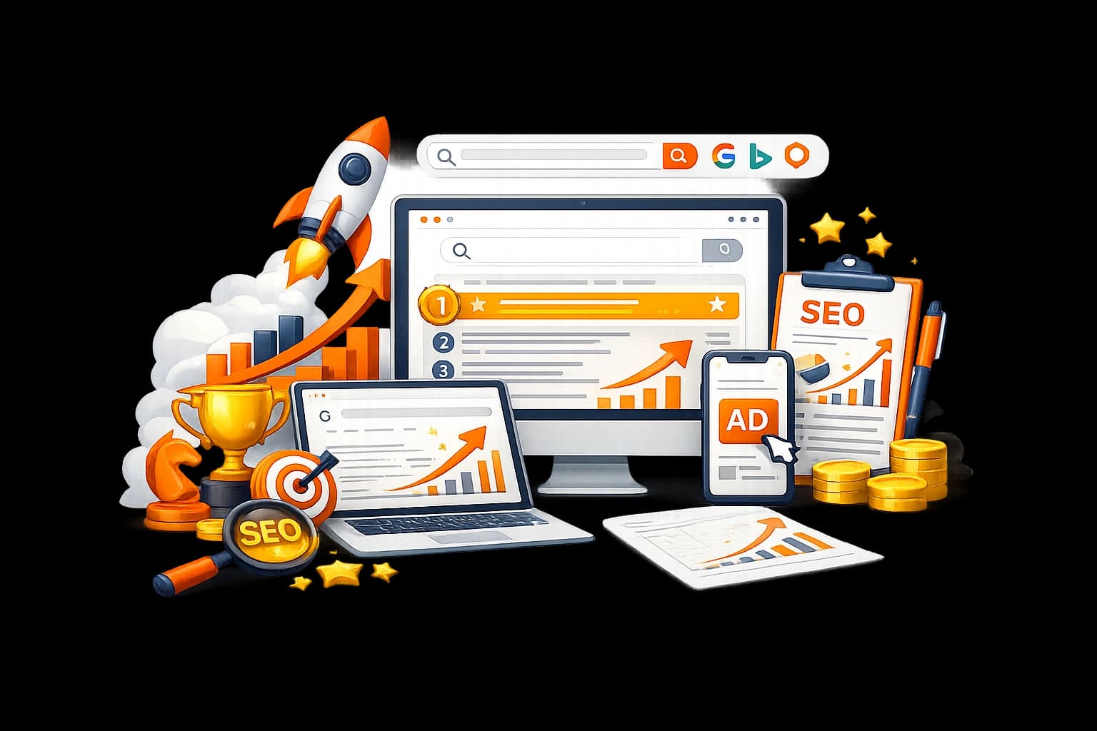 ECOMMERCE SEO AGENCY · ORGANIC & AI SEARCH SPECIALISTS — Peak Pilots service hero illustration