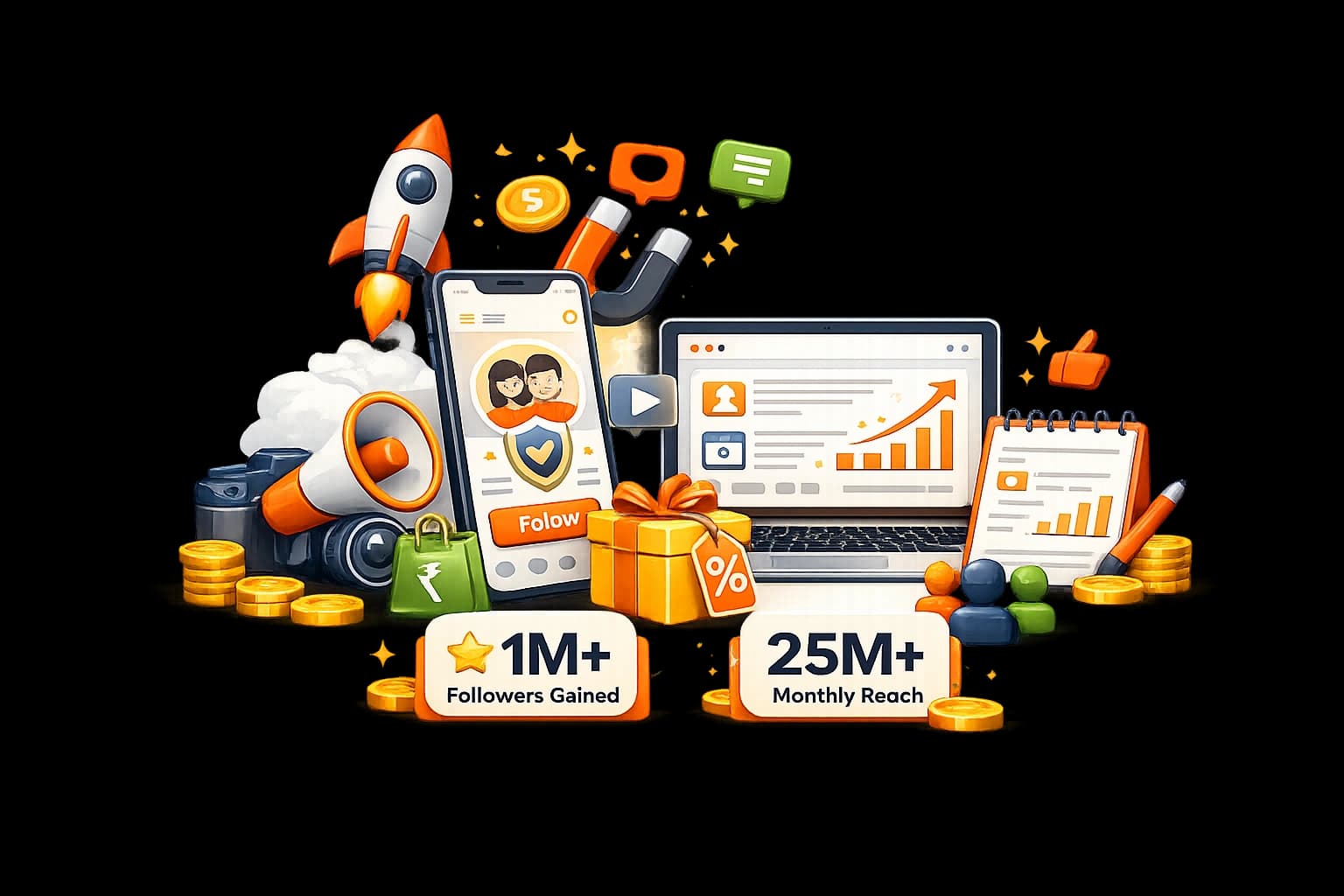 SOCIAL MEDIA MARKETING AGENCY FOR ECOMMERCE · D2C CONTENT SPECIALISTS — Peak Pilots service hero illustration